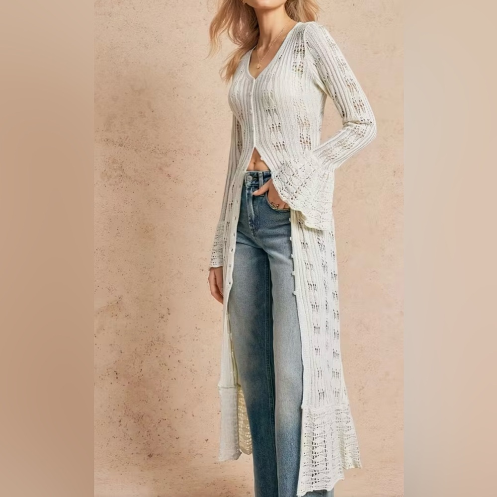 Cream Crochet Button Front Bell Sleeves Long Cardigan - Picture 9 of 11